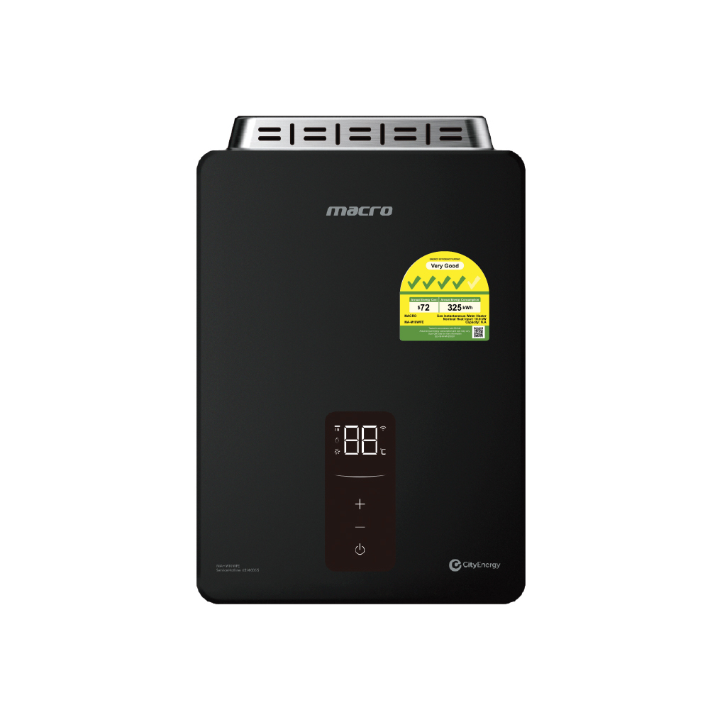 Black wall-mounted gas water heater with a vertical digital display panel and control buttons; features a vent at the top and an energy rating sticker on the front.