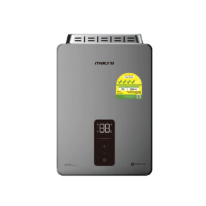 Gray tankless water heater with digital temperature display and control panel, plus energy-efficiency sticker on front