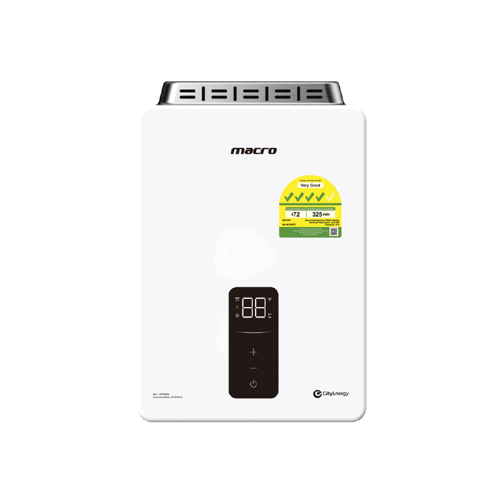 White wall-mounted water heater with a digital display panel and energy rating sticker