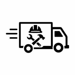 Delivery truck icon with a wrench, hammer, and hard hat to indicate repair or maintenance services.